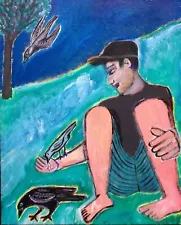 BOY WITH BIRDS Raw Folk Art Brut CANVAS Painting Outsider T Marie Nolan Original