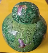 Vintage Hand Painted Yang Cheng Ginger Jar With Lid Butterflies And Trees