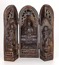 Vintage Resin Buddhist Travelers Shrine - Carved Wood Look - Hinged Triptych