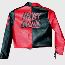 Harley Quinn Moto Crop Jacket Womens L Halloween Faux Leather Red Black Zip New