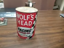 Unopened ~hard to find 1950s era WOLF'S HEAD RACING MOTOR OIL Old 1 qt. Tin Can