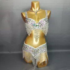 Beaded Samba Belly Dance Costume RAVE EDC Party Carnival Outfit Bra Belt Silver