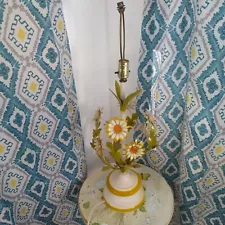 Large Vintage Yellow Daisy MCM Toleware Floral Table Lamp- 2 Available For Sale