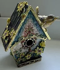 Enamel Birdhouse With Finch Trinket Box, Accented with Crystals 2.75” Tall