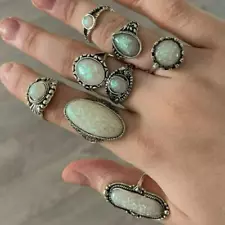 8pcs Vintage White Opal Antique Silver Ring Set