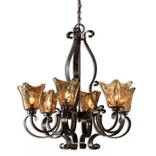 6 Light Gothic IRON and EUROPEAN GLASS Chandelier 29" Old World Bronze Amber