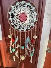 Hand Crochet Dream Catcher Feathers Puff Balls Tassels