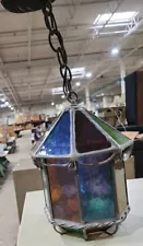 Vintage Leaded Stained Glass Hanging Light Lantern Lamp Fixture 1960's French