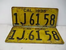 g142) Pair Of 2 Yellow 1940 California License Plates 1J6158 Straight Rust Free