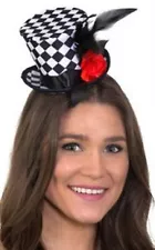 Checkered Mini Top Hat - Mad Hatter - Feathers & Flower - Costume Accessory