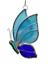 Sun Catcher Leaded Glass Butterfly in Flight Two Tone Blue 4 x 5 Inch