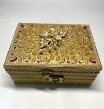 Vintage Estate Sale Rhinestone Beaded Jewelry Box Wwith Mirror Gold