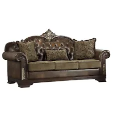 ORNATE ANTIQUE STYLE BROWN FAUX LEATHER TUFTED LEATHER SOFA COUCH FURNITURE