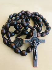 Saint St Benedict Wooden Rosary Prayer Beads Copper Crucifix Cross