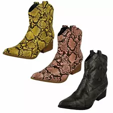 SALE Ladies Spot On Pull on Snake print Cowboy Style Winter Ankle Boot F5R1018