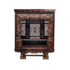 Vintage Chinese Brown Golden Carving Fujian Graphic Canopy Bed cs7618