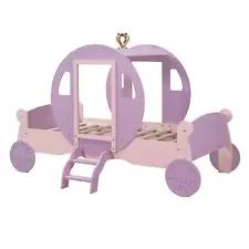 Twin size Princess Carriage Bed Wood Platform Car Bed with Crown and Stair