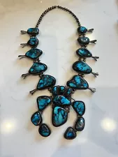 Navajo Turquoise & Sterling Silver Squash Blossom 31 inch necklace- AKM 446 gram