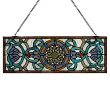 Stained Glass Window Panel Victorian Vintage Flourishes Flowers Horizontal Pub