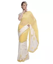 Huge Sale Sari Yellow Ivory Feminine Embroidered Saree Designer Indian Free Ship