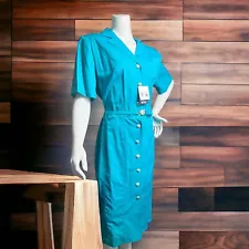 VINTAGE Deadstock 80s Shirtwaist Dress Strappy Back Turquoise TOGETHER Size 16