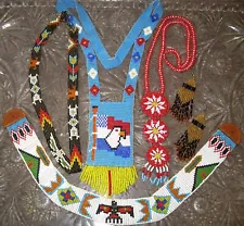 Vintage Native American Beadwork Pcs. Necklaces Leather Backed Seed Bead Jewelry