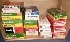 Vintage 15 Empty Ammo Boxes And Plastic Belt Holders 357 Mag. 7mm 222 Remington