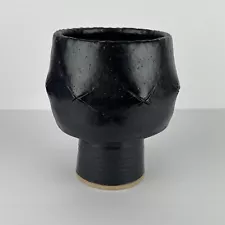 Mid Century Ikebana Vase Pottery Footed Black Organic Japan Modernist Vtg 7in