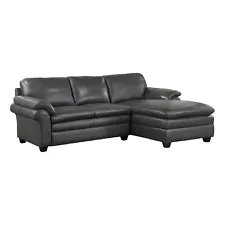 PLUSH DARK GRAY TOP GRAIN LEATHER MATCH SOFA WITH CHAISE LIVING ROOM FURNITURE