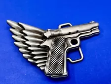 Winged Gun Flying Pistol Silver 2nd Amendment Cutout Belt Buckle by Buckle Rage