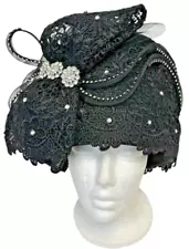 Ms Divine Women’s Polypropylene Church Hat Black Lace Rhinestones Size Large 23"