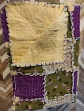 Vintage Rag Quilt Purple Flowers Spring Colors Handmade 58" X 46" Reverseable