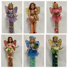 Set of 6 - 15" Porcelain Fairy Dolls with Tassel Skirt on Pedestal Stand