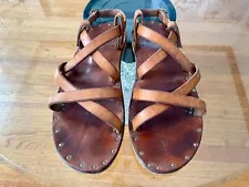 Vtg 70s Leather Sandals Handmade Strap Jesus Hippie Rivet Brown Mens Sz 10 11 12