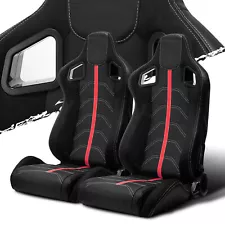 Black PVC Leather/Red Strip/White Stitch Left/Right Recaro Style Racing Seats