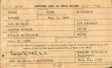 Marilyn Monroe Birth Certificate - 4 x 6 Photo Print