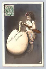 RPPC French Hand Colored Portrait Young Girl Giant Easter Egg UDB Postcard