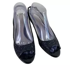 Ramon Tenza Black Slingback Shimmery Rhinestone Open Toe Kitten Heels 39.5 (9)