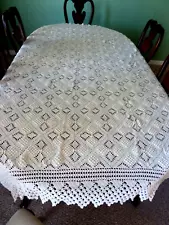 Large Crocheted TABLECLOTH 84" X 64" Ivory Diamond & Rosette Design