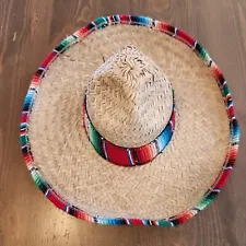 14" Homemade Straw Sombrero Hat With Colorful Knitting