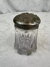 Antique Pattern Cut/Press Glass Tobacco Jar w/ Silver Plated Floral Lid 5" Tall