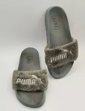 PUMA x FENTY Slides Mens 5 Womens 7 Gray Faux Fur Comfort Shoe Rihanna READ BEAT