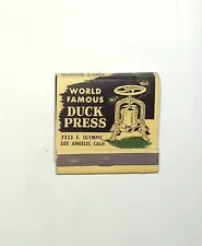 VINTAGE WORLD FAMOUS DUCK PRESS MATCHBOOK UNUSED LOS ANGELES SEAFOOD VENISON