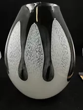 Large Hand Blown Glass Cased White Speckled Vase with Drips of Black 11.25" Slim