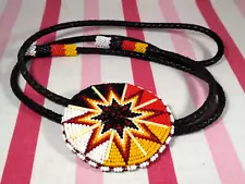 Beautiful 1980s Authentic Native American Seed Bead Starburst Medallion Bolo Tie