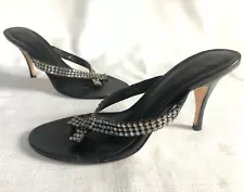 Pelle Moda Womens 10 M Black Leather Rhinestone 3.5" High Heel Thong Sandals