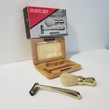 Vintage Brass Shaving Kit Wood Box NOS Gift Set Complete with Box Classic 70s