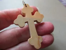 VINTAGE LARGE CARVED PINE LIGHT WOODEN RELIGIOUS CROSS FOB CHARM PENDANT PRETTY