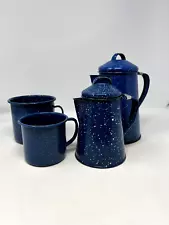 New ListingVINTAGE COWBOY STYLE, BLUE/WHITE SPECKLED CAMPING W/2 COFFEE POTs AND W/2 MUGS