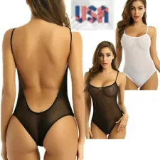 US Sexy Women Mesh See Through High Cut Thong BIkini Leotard Bodysuit Clubwear